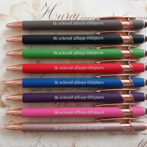 Metalen pen met touch-stylus "Ik schroif alliejn Oilsjters"