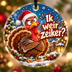 Epoxy kerstschijf 6cm kalkoen "Ik weir zeiker?"