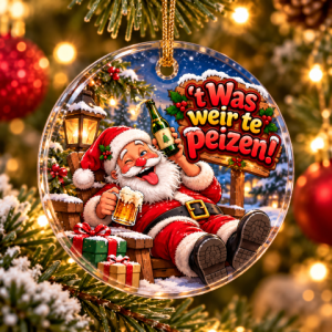 Epoxy kerstschijf 6cm zatte kerstman "'t Was weir te peizen"