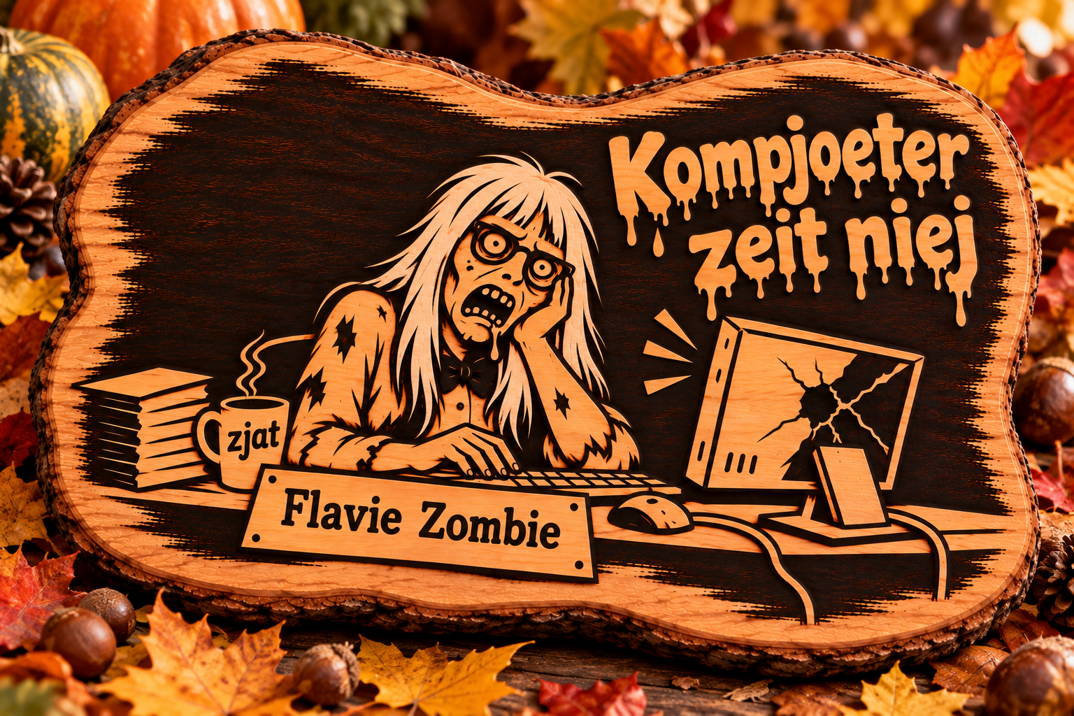Pyrografie "Flavie Zombie" op bestelling hout naar keuze 25x20 cm
